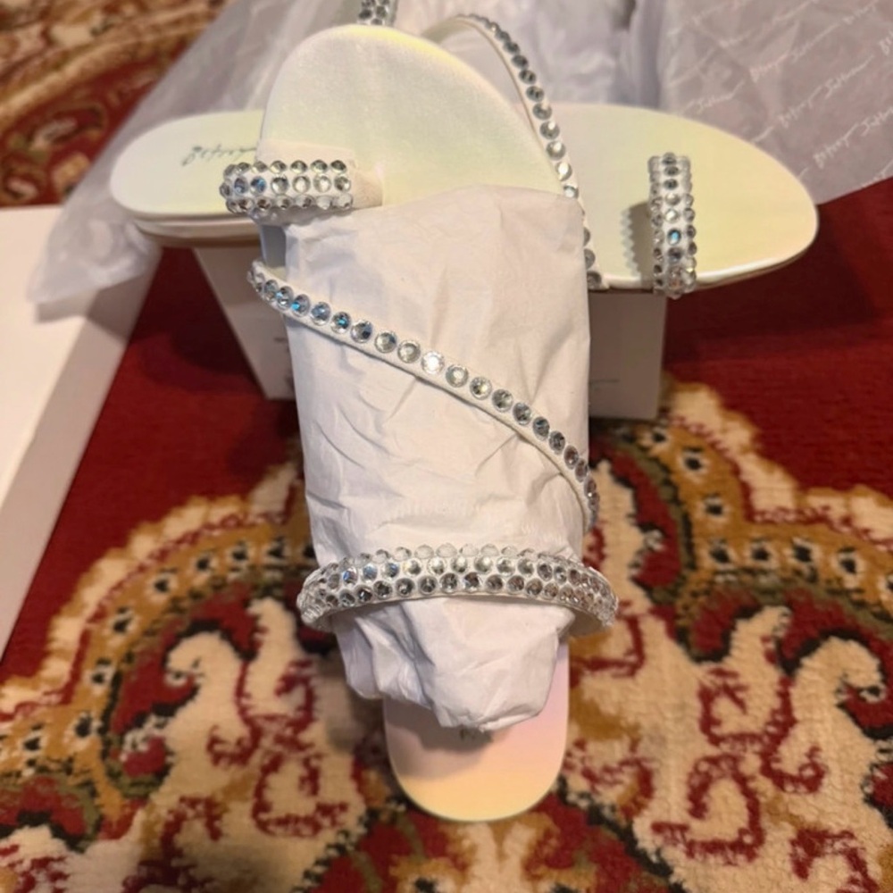 Betsey Johnson White Jeweled Strappy Slide Sandals - Picture 4 of 11